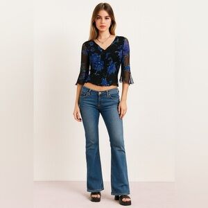 Vintage Y2K Sean collection black silk chiffon floral sequined bell sleeve top.